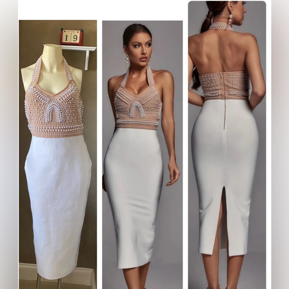 Bella Barnett Pearl Embellishment Halter Bandage Midi Dress -Beige Women Large